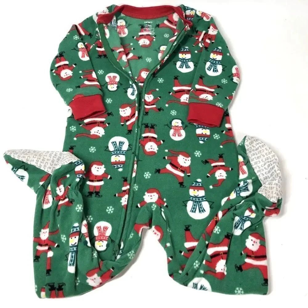 Carter's Snowman Santa Christmas Fleece Footed Pajama Zip Up 24M Unisex Boys PJS